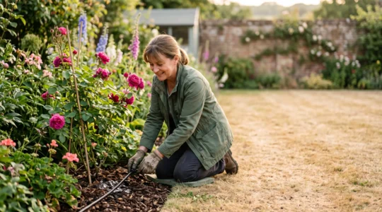 A gardener kneeling beside a raised border in a UK garden, checking a drip irrigation line during a sunny dry spell
