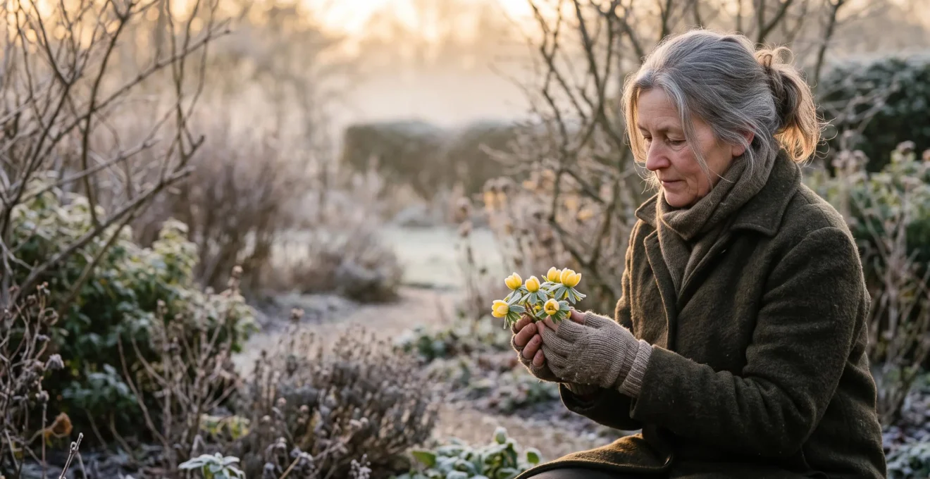 A gardener's hand gently touching a frost-dusted witch hazel bloom in a winter garden at dawn, symbolising year-round seasonal colour.