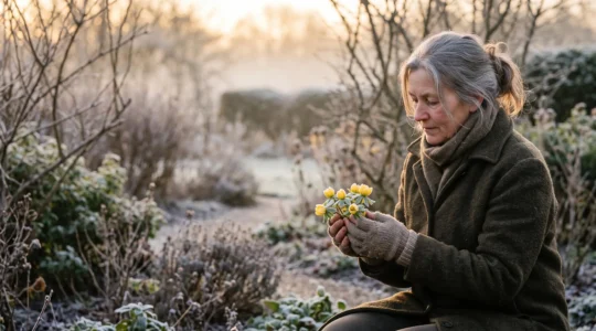 A gardener's hand gently touching a frost-dusted witch hazel bloom in a winter garden at dawn, symbolising year-round seasonal colour.