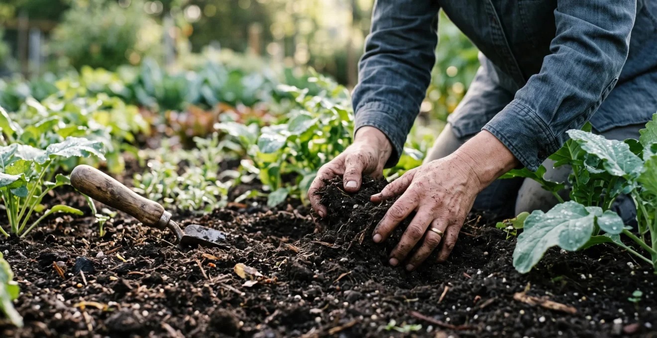 Close-up of a gardener's hands mixing organic amendments into dark soil to naturally correct its pH balance