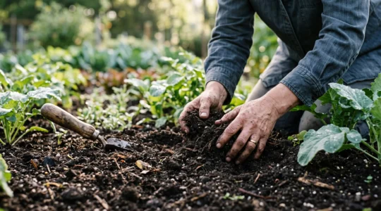 Close-up of a gardener's hands mixing organic amendments into dark soil to naturally correct its pH balance