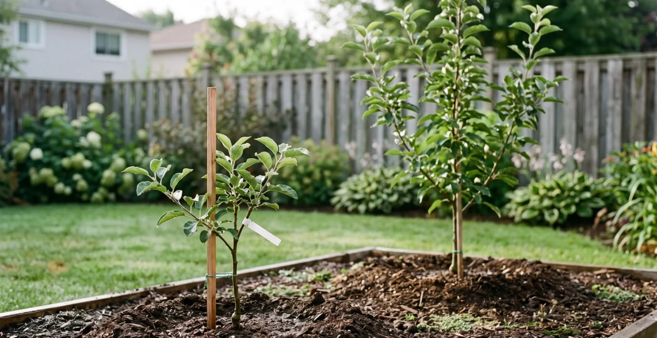 Two young grafted apple trees of different rootstock sizes standing side by side in a garden, illustrating scale choice for gardeners.