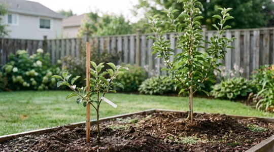 Two young grafted apple trees of different rootstock sizes standing side by side in a garden, illustrating scale choice for gardeners.