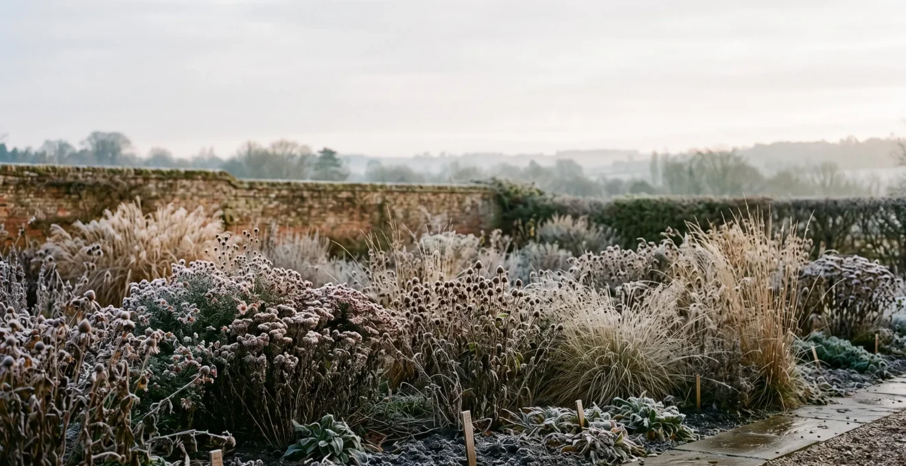 A frost-dusted British perennial border in winter showing dormant crowns and structural seed heads above dark, rain-soaked soil