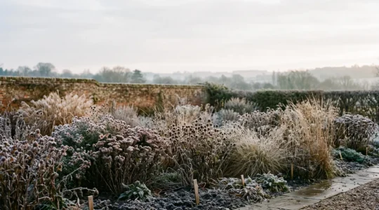 A frost-dusted British perennial border in winter showing dormant crowns and structural seed heads above dark, rain-soaked soil