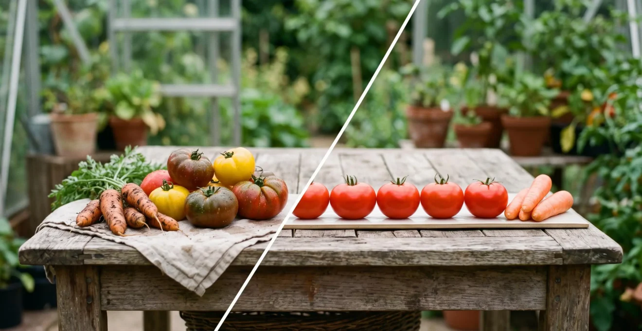 A rustic wooden harvest table split between irregular, richly colored heirloom vegetables and perfectly uniform hybrid vegetables under soft natural light