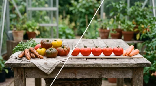 A rustic wooden harvest table split between irregular, richly colored heirloom vegetables and perfectly uniform hybrid vegetables under soft natural light