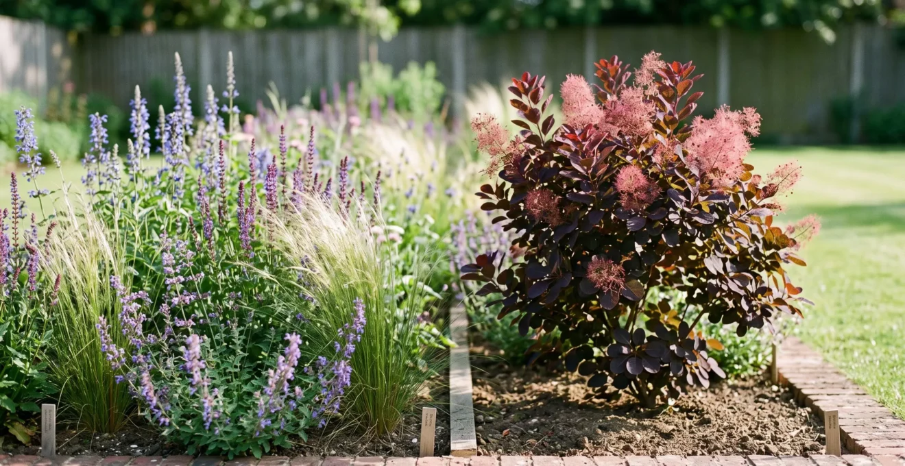 A small garden border split between a lush herbaceous perennial planting on one side and a structured flowering shrub on the other, showing contrasting textures and forms