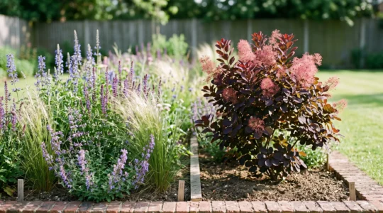 A small garden border split between a lush herbaceous perennial planting on one side and a structured flowering shrub on the other, showing contrasting textures and forms