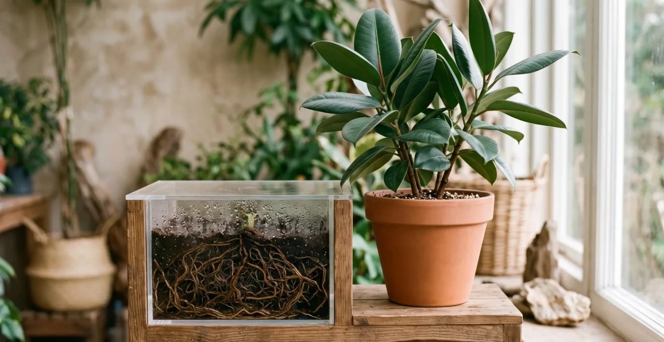 A vibrant potted plant with lush green leaves next to a transparent view of its root system, symbolizing hidden root stress before visible yellowing appears
