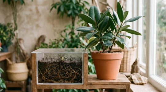 A vibrant potted plant with lush green leaves next to a transparent view of its root system, symbolizing hidden root stress before visible yellowing appears