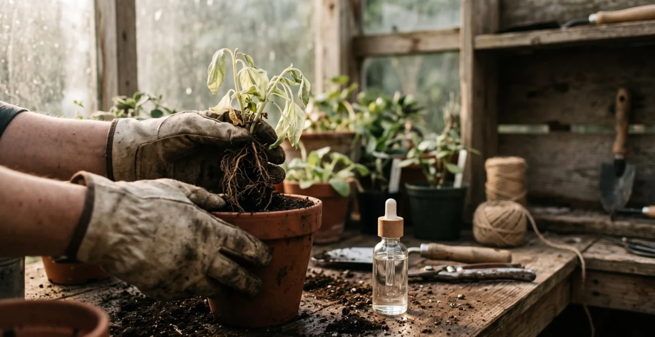 Editorial wide shot of hands gently repotting a wilting houseplant with exposed roots beside a small unlabeled bottle of clear solution