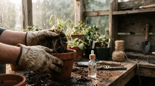 Editorial wide shot of hands gently repotting a wilting houseplant with exposed roots beside a small unlabeled bottle of clear solution