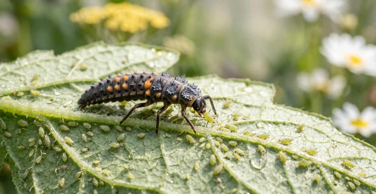 A ladybird larva hunting aphids on a green leaf in a lush garden, symbolizing natural pest control.