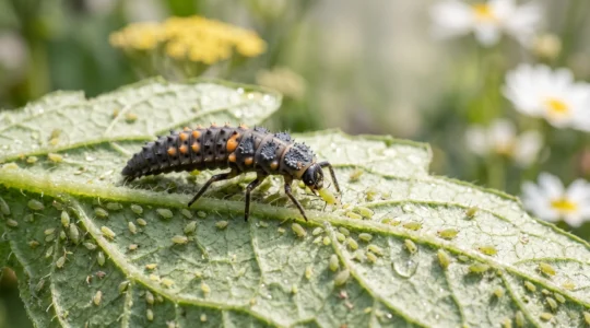 A ladybird larva hunting aphids on a green leaf in a lush garden, symbolizing natural pest control.