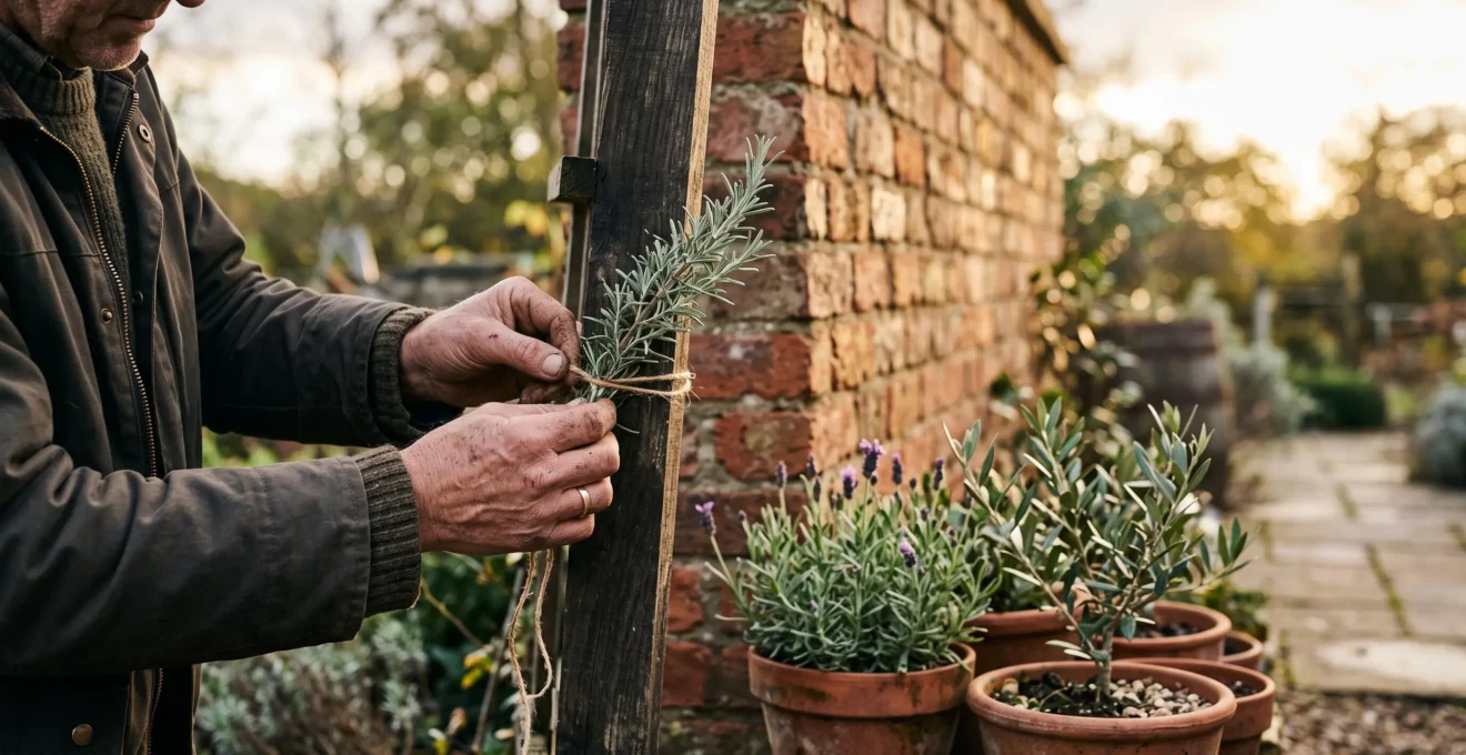 A sheltered garden corner in Northern England where Mediterranean plants thrive against a sun-warmed brick wall