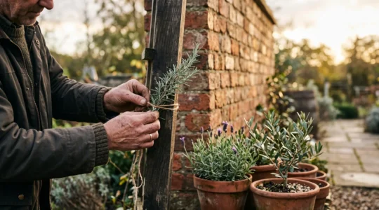 A sheltered garden corner in Northern England where Mediterranean plants thrive against a sun-warmed brick wall
