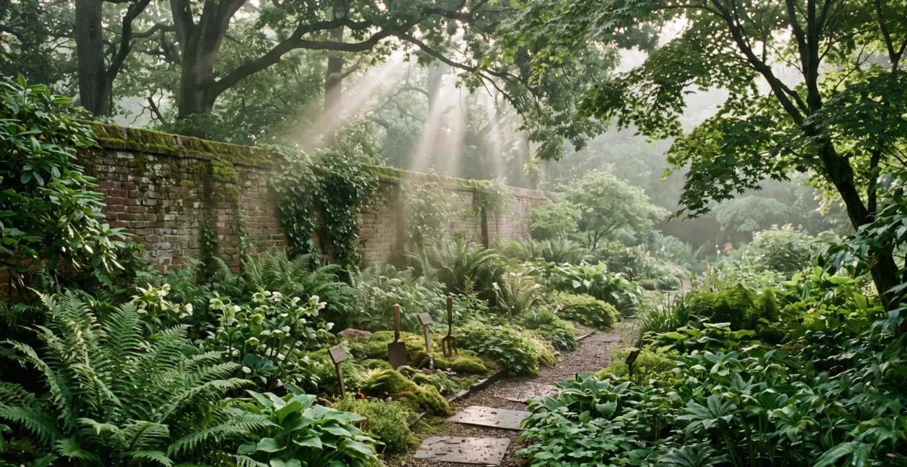 Wide editorial view of a shaded north-facing garden with soft morning light filtering through mature trees onto ferns and hostas