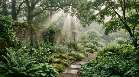 Wide editorial view of a shaded north-facing garden with soft morning light filtering through mature trees onto ferns and hostas