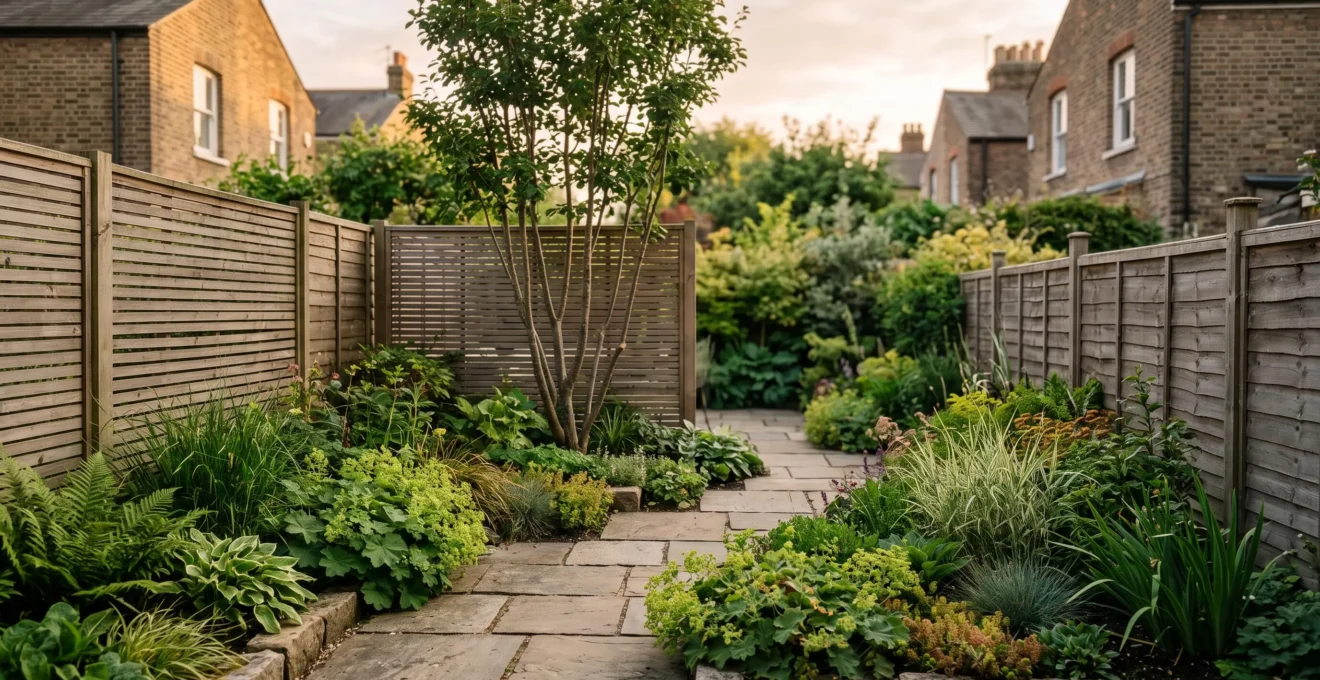 A narrow terraced house garden transformed with a diagonal stone path, layered planting and evening light creating an illusion of width