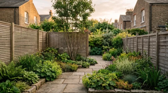 A narrow terraced house garden transformed with a diagonal stone path, layered planting and evening light creating an illusion of width