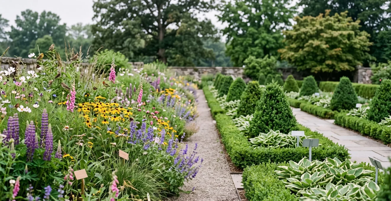 Split composition contrasting a lush native wildflower meadow full of pollinators with a sparse ornamental exotic garden bed
