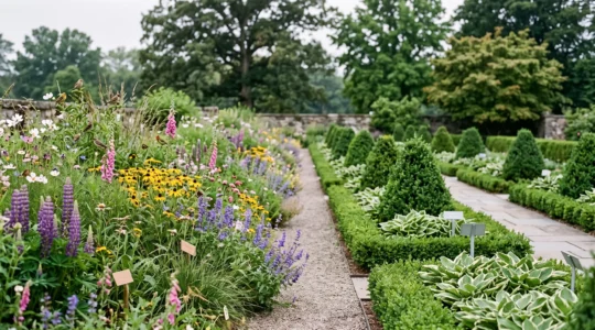 Split composition contrasting a lush native wildflower meadow full of pollinators with a sparse ornamental exotic garden bed