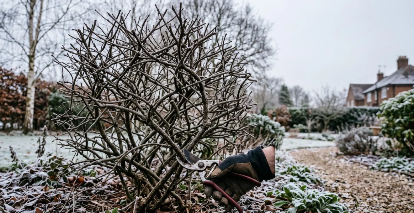 A gardener assessing an overgrown, tangled deciduous shrub before beginning corrective renewal pruning in a winter garden