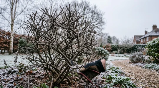 A gardener assessing an overgrown, tangled deciduous shrub before beginning corrective renewal pruning in a winter garden