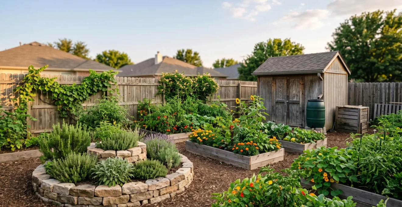 A suburban backyard garden reimagined with permaculture design, blending raised beds, a herb spiral, and a productive shed in warm evening light