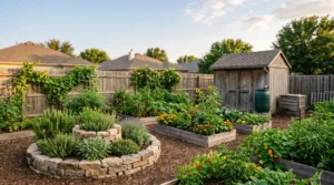 A suburban backyard garden reimagined with permaculture design, blending raised beds, a herb spiral, and a productive shed in warm evening light