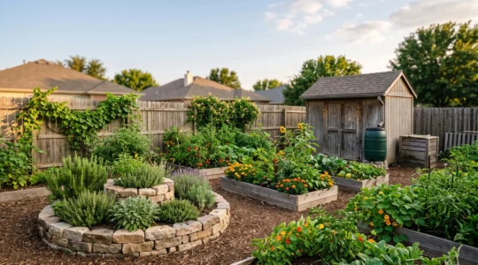 A suburban backyard garden reimagined with permaculture design, blending raised beds, a herb spiral, and a productive shed in warm evening light