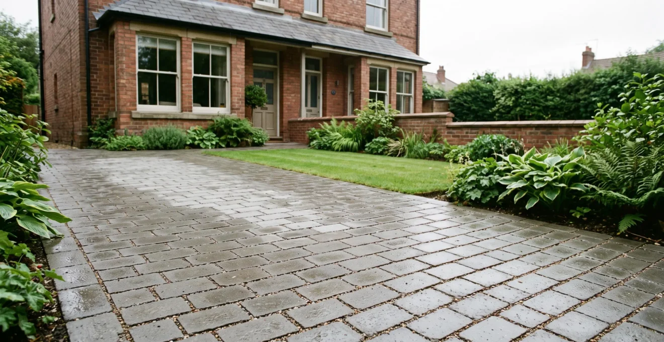 Wide editorial photograph of a rain-dampened permeable driveway in a British front garden, showing water soaking through jointed paving blocks surrounded by planting.