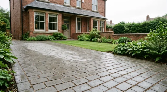 Wide editorial photograph of a rain-dampened permeable driveway in a British front garden, showing water soaking through jointed paving blocks surrounded by planting.