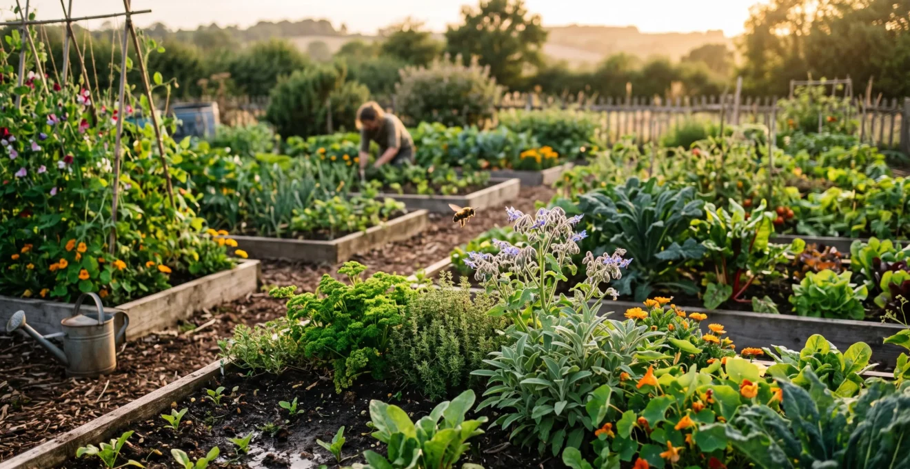 A thriving vegetable and flower garden showing different plant growth stages coexisting with natural pest predators, symbolizing chemical-free pest management
