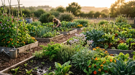 A thriving vegetable and flower garden showing different plant growth stages coexisting with natural pest predators, symbolizing chemical-free pest management