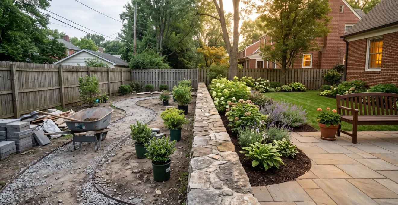 Split view of a manicured professional garden patio beside a homeowner's in-progress DIY planting bed, symbolizing a budget decision
