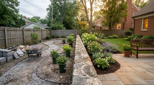 Split view of a manicured professional garden patio beside a homeowner's in-progress DIY planting bed, symbolizing a budget decision
