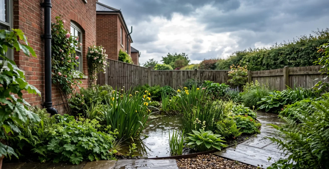 A lush, sunken rain garden in a British back garden absorbing heavy rainfall during a storm, with native wetland plants thriving in the basin