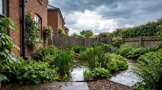 A lush, sunken rain garden in a British back garden absorbing heavy rainfall during a storm, with native wetland plants thriving in the basin
