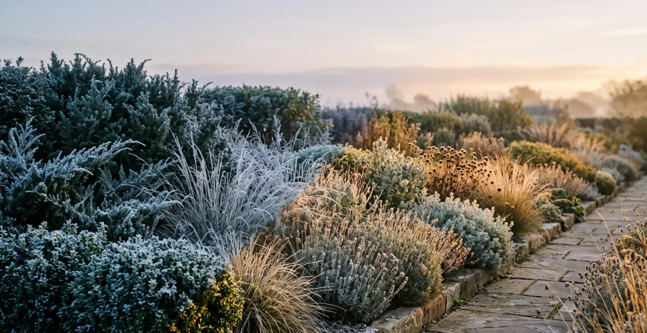 A wide garden landscape split between frost-touched northern planting and sun-baked Mediterranean-style planting, symbolizing shifting climate zones