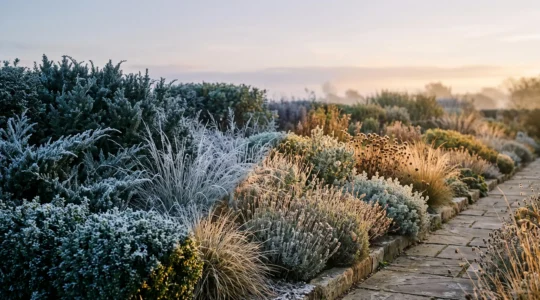 A wide garden landscape split between frost-touched northern planting and sun-baked Mediterranean-style planting, symbolizing shifting climate zones