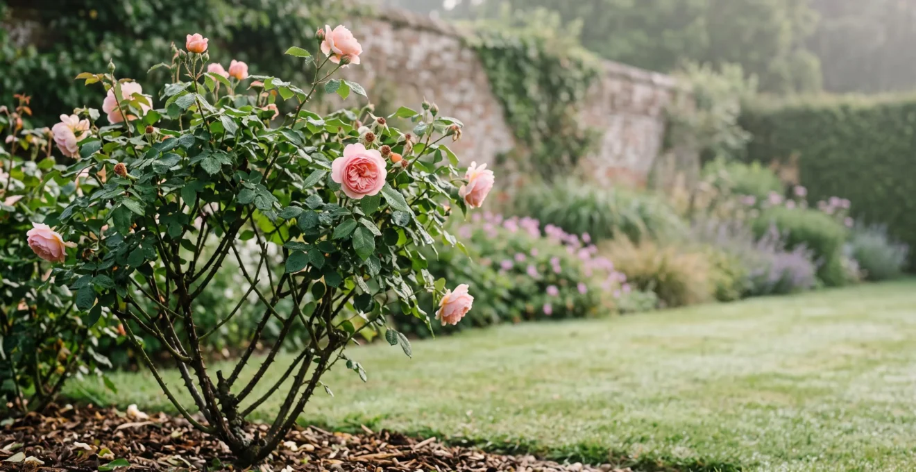 Wide editorial view of an open, well-pruned rose bush with sunlight streaming through its airy branch structure, illustrating good air circulation.