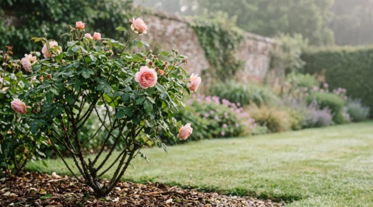 Wide editorial view of an open, well-pruned rose bush with sunlight streaming through its airy branch structure, illustrating good air circulation.