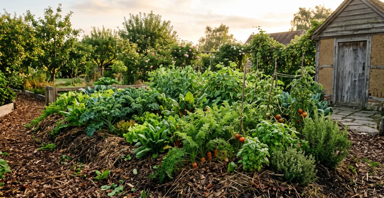 Wide editorial photograph of a lush, thriving garden bed covered in natural mulch, symbolizing a self-sustaining ecosystem without store-bought compost or fertilizer