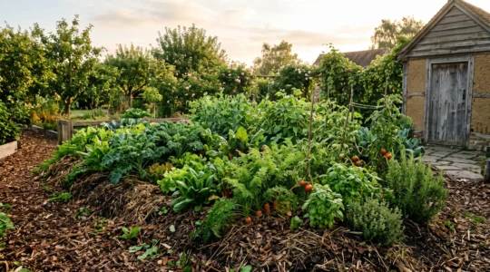 Wide editorial photograph of a lush, thriving garden bed covered in natural mulch, symbolizing a self-sustaining ecosystem without store-bought compost or fertilizer
