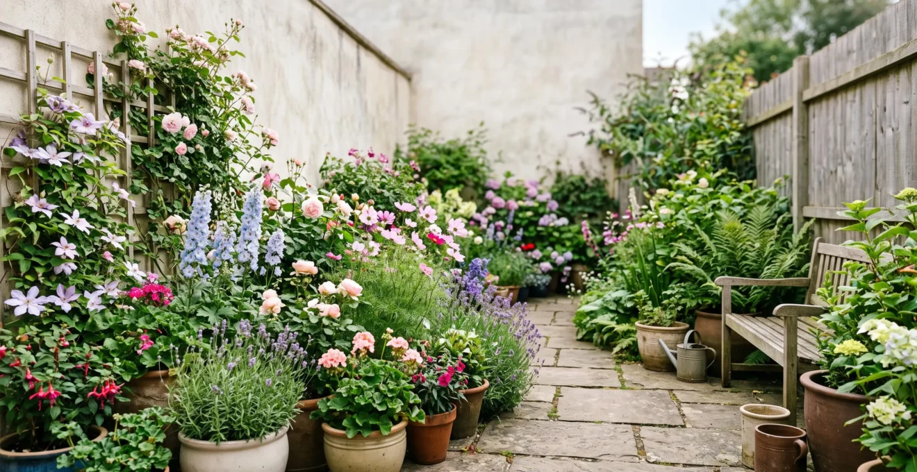 A compact backyard patio garden filled with layered pots of continuously blooming ornamental flowers in soft natural light