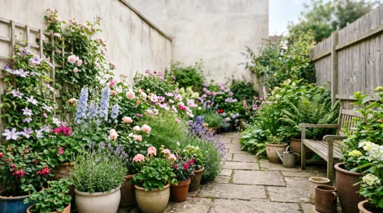 A compact backyard patio garden filled with layered pots of continuously blooming ornamental flowers in soft natural light