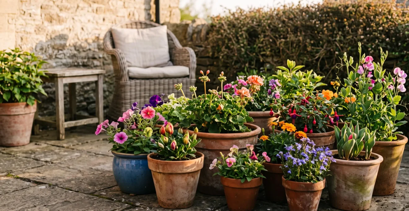 Wide editorial photograph of a small patio garden showcasing layered pots of annual flowers in seasonal transition