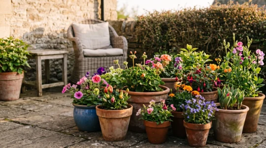 Wide editorial photograph of a small patio garden showcasing layered pots of annual flowers in seasonal transition